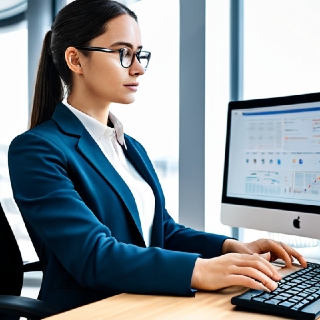 A focused professional female translator in a modest business suit, sitting at a sleek, minimalist desk in a modern, brightly lit office. She is looking intently at a large monitor displaying complex technical text alongside an AI translation interface with highlighted human edits. Her posture is natural, and she has well-formed hands resting near a keyboard. The background shows blurred office elements like plants or ergonomic chairs, suggesting a contemporary workspace. The atmosphere is professional and intellectual. safe for work, appropriate content, fully clothed, professional, perfect anatomy, correct proportions, natural pose, well-formed hands, proper finger count, natural body proportions, high quality, professional photography.