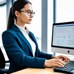 A focused professional female translator in a modest business suit, sitting at a sleek, minimalist desk in a modern, brightly lit office. She is looking intently at a large monitor displaying complex technical text alongside an AI translation interface with highlighted human edits. Her posture is natural, and she has well-formed hands resting near a keyboard. The background shows blurred office elements like plants or ergonomic chairs, suggesting a contemporary workspace. The atmosphere is professional and intellectual. safe for work, appropriate content, fully clothed, professional, perfect anatomy, correct proportions, natural pose, well-formed hands, proper finger count, natural body proportions, high quality, professional photography.