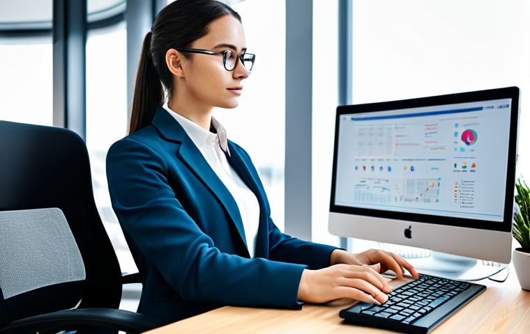 A focused professional female translator in a modest business suit, sitting at a sleek, minimalist desk in a modern, brightly lit office. She is looking intently at a large monitor displaying complex technical text alongside an AI translation interface with highlighted human edits. Her posture is natural, and she has well-formed hands resting near a keyboard. The background shows blurred office elements like plants or ergonomic chairs, suggesting a contemporary workspace. The atmosphere is professional and intellectual. safe for work, appropriate content, fully clothed, professional, perfect anatomy, correct proportions, natural pose, well-formed hands, proper finger count, natural body proportions, high quality, professional photography.