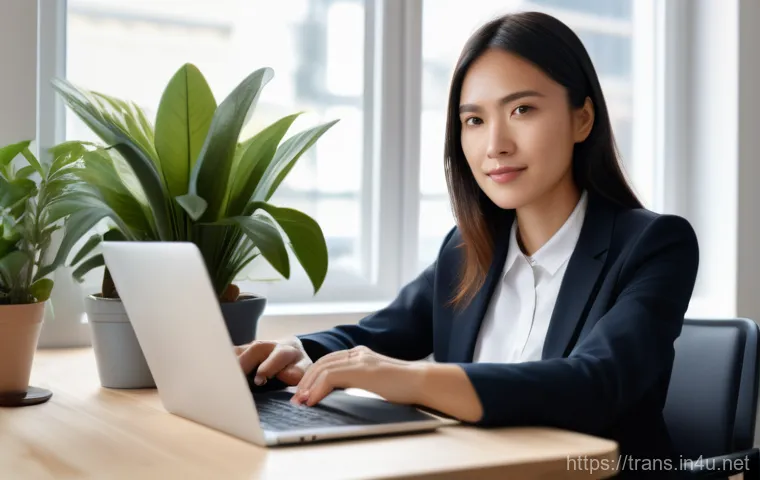 번역사 연봉 협상 시 유의점 - A confident and professional female translator, in her early 30s, sits at a modern desk, meticulousl...