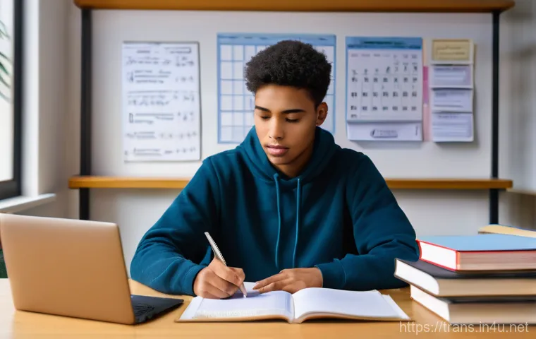 번역사 필기시험 합격률 높이기 - **Prompt:** A dedicated young adult, aged 20-30, with a determined yet hopeful expression, sits at a...