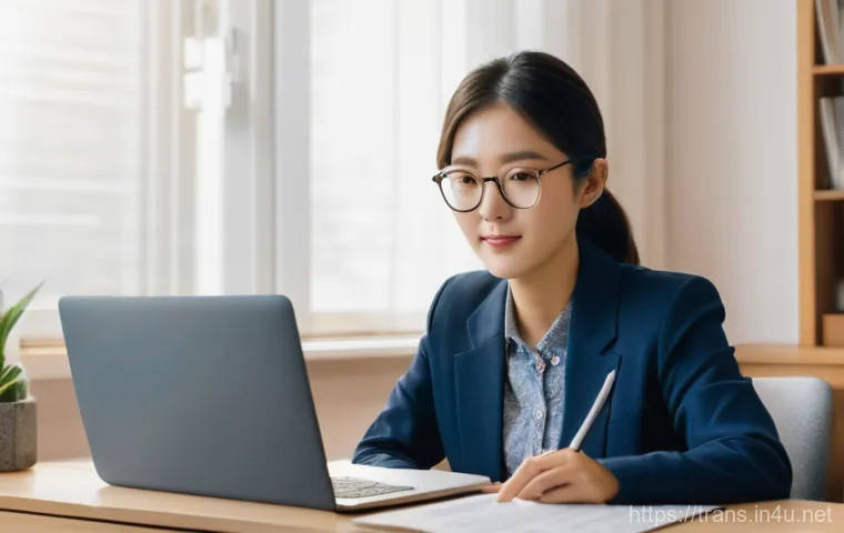 번역사 자격증 취득 후 성공 사례 인터뷰 - **Prompt 1: The Aspiring Translator's First Step**
A young Korean woman, in her late 20s, with a...