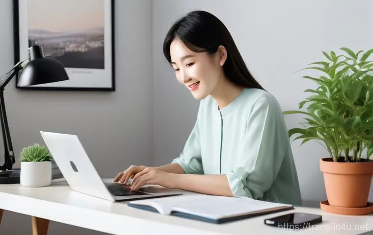 번역사 자격증 취득 후 성공 사례 인터뷰 - **Prompt 1: The Aspiring Translator's First Step**
    A young Korean woman, in her late 20s, with a...