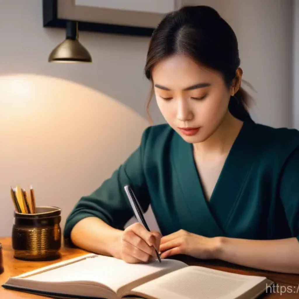 번역사 업무 일지 작성 예시 - **Prompt:** A focused East Asian female translator in her late 20s, with neat brown hair tied back, ...