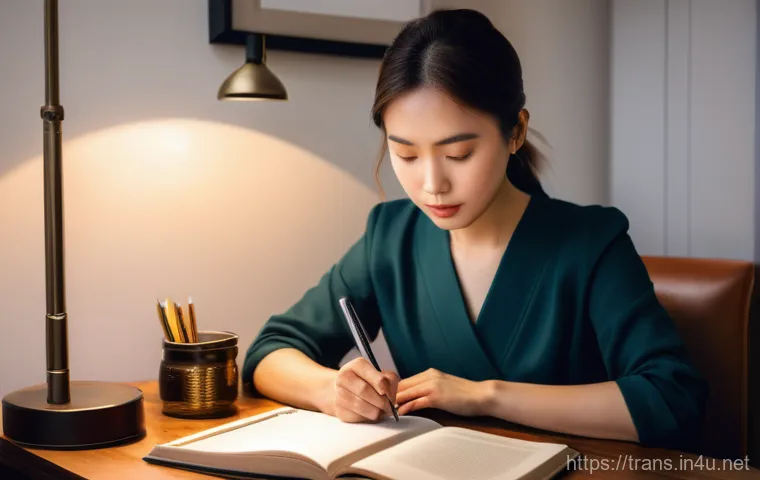 번역사 업무 일지 작성 예시 - **Prompt:** A focused East Asian female translator in her late 20s, with neat brown hair tied back, ...