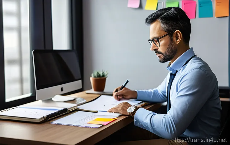 번역사 업무 일지 작성 예시 - **Prompt:** A focused East Asian female translator in her late 20s, with neat brown hair tied back, ...