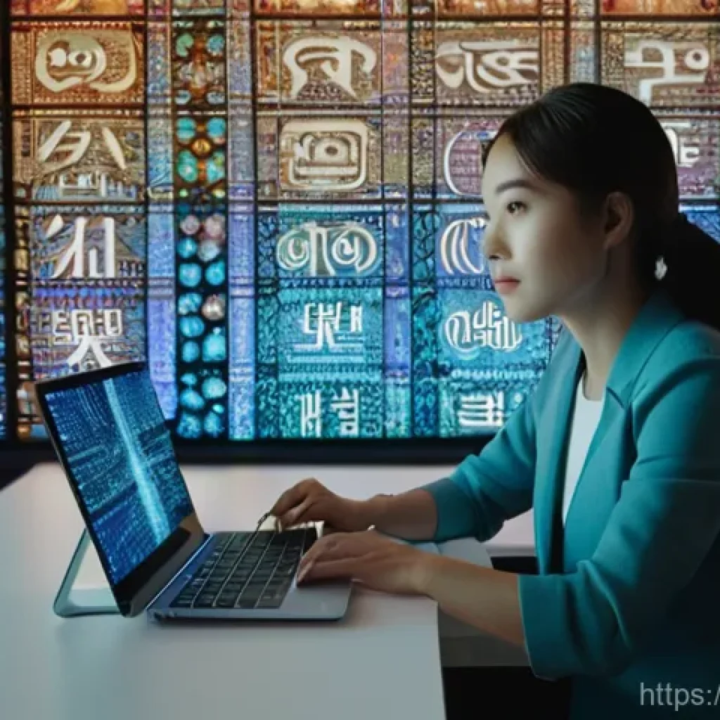 번역사 실무에서의 자주 발생하는 문제 해결법 - A female translator in her early 30s, wearing smart-casual clothing, is seated at a minimalist, mode...