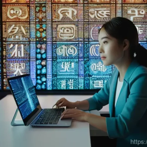 Home 16 번역사 실무에서의 자주 발생하는 문제 해결법 - A female translator in her early 30s, wearing smart-casual clothing, is seated at a minimalist, mode...