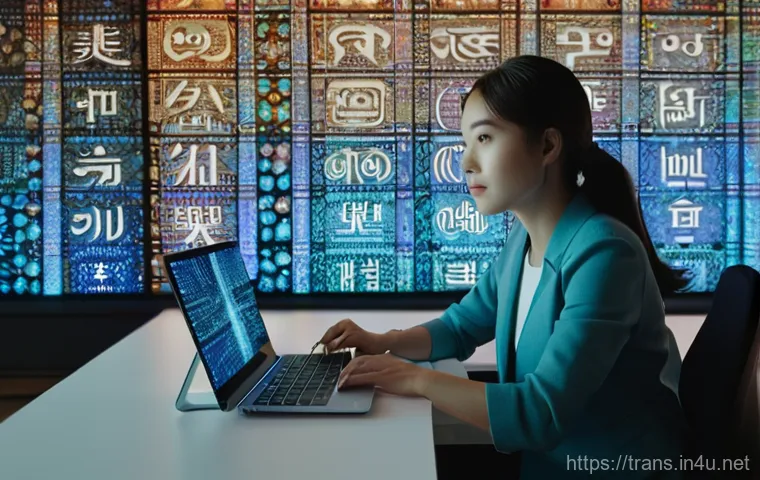 번역사 실무에서의 자주 발생하는 문제 해결법 - A female translator in her early 30s, wearing smart-casual clothing, is seated at a minimalist, mode...