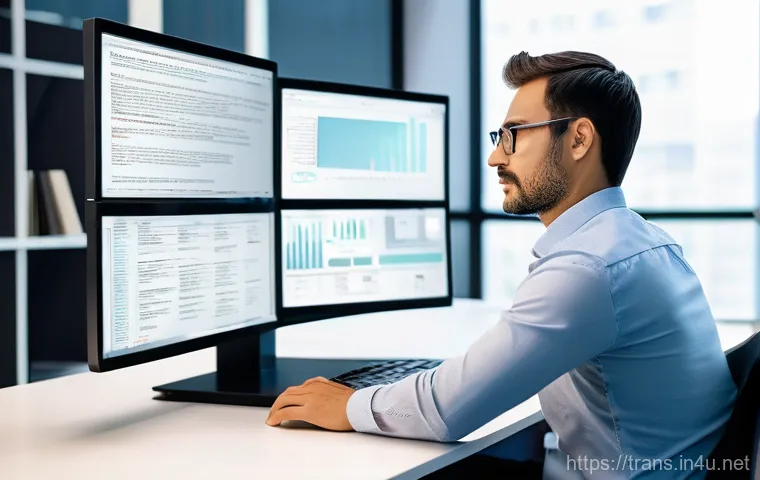 번역사 실무에서의 자주 발생하는 문제 해결법 - A female translator in her early 30s, wearing smart-casual clothing, is seated at a minimalist, mode...