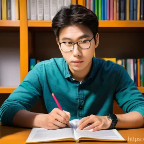 Home 15 번역사 시험의 난이도에 따른 학습 계획 - A focused young adult, dressed in casual yet neat attire, sits at a wooden desk, surrounded by open ...