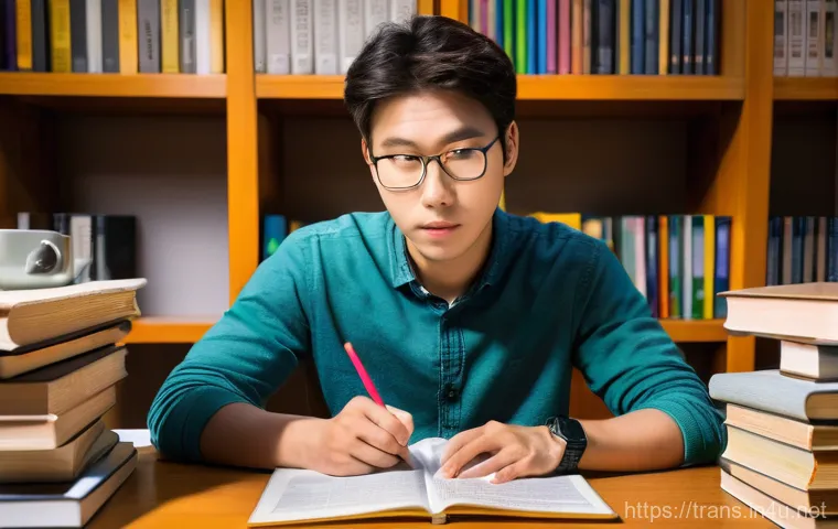 번역사 시험의 난이도에 따른 학습 계획 - A focused young adult, dressed in casual yet neat attire, sits at a wooden desk, surrounded by open ...