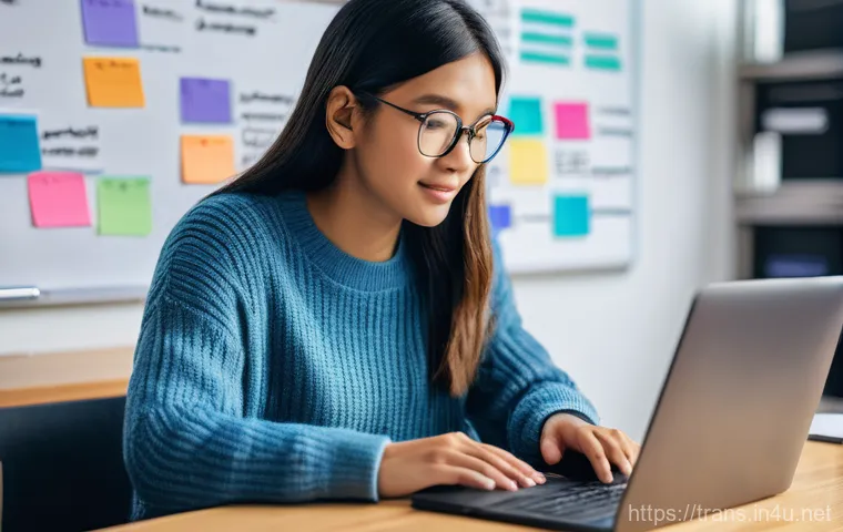 번역사 시험의 난이도에 따른 학습 계획 - A focused young adult, dressed in casual yet neat attire, sits at a wooden desk, surrounded by open ...