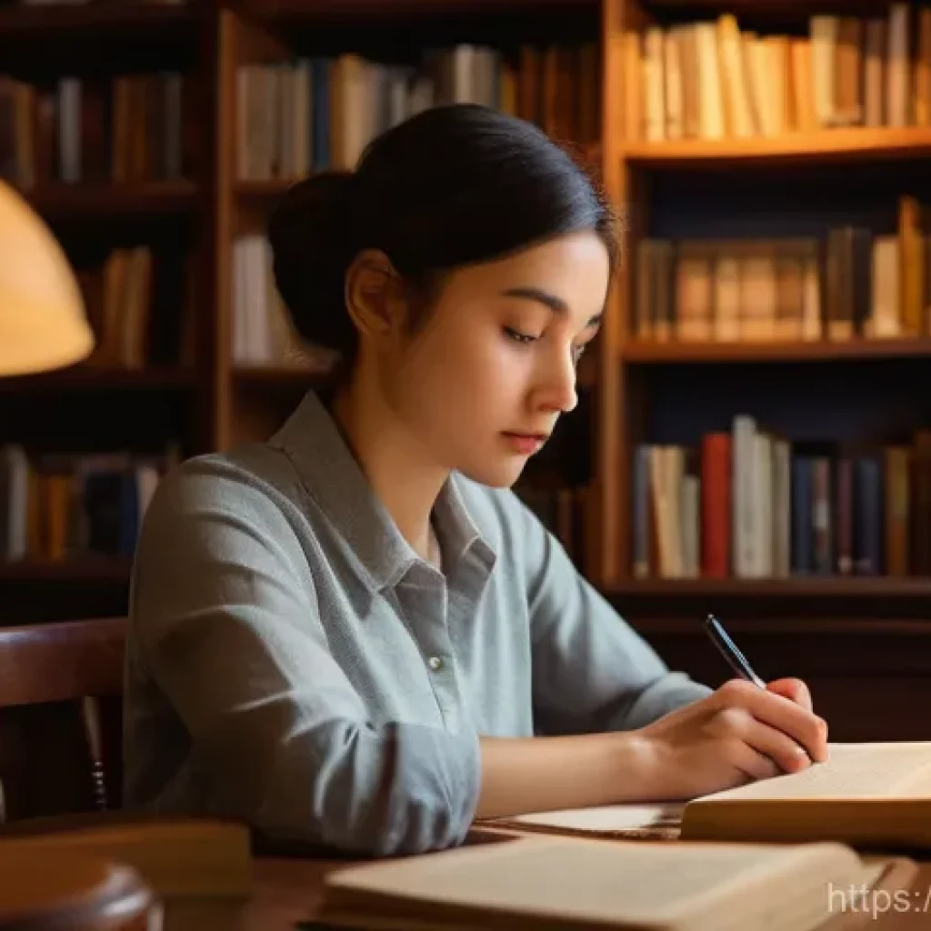 번역사 자격증을 위한 필수 서적 - A focused female translator in her late 20s to early 30s, dressed in smart casual attire, sitting at...