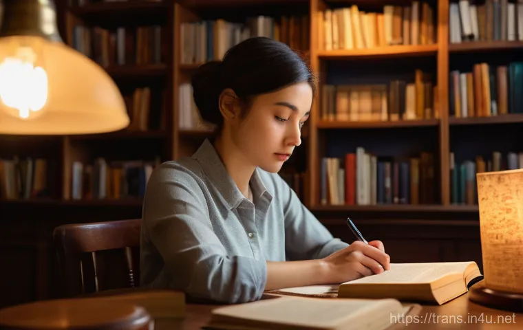 번역사 자격증을 위한 필수 서적 - A focused female translator in her late 20s to early 30s, dressed in smart casual attire, sitting at...