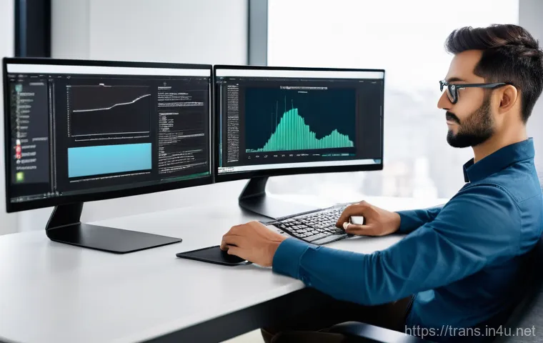 번역사 자격증을 위한 필수 서적 - A focused female translator in her late 20s to early 30s, dressed in smart casual attire, sitting at...