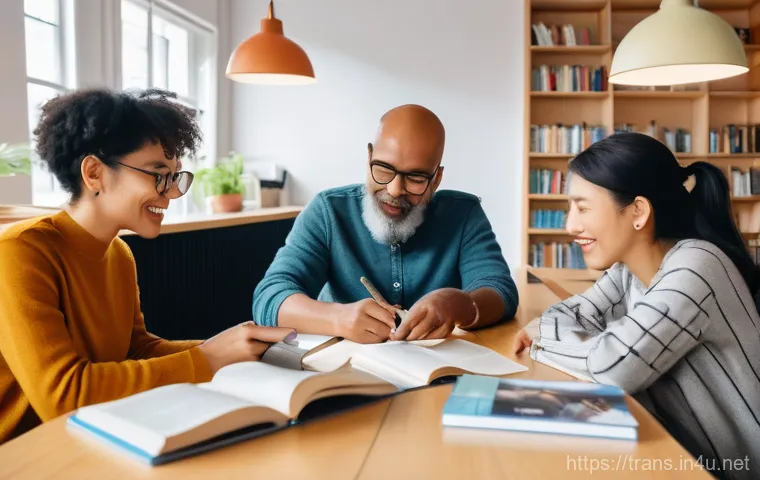 번역사 자격증을 위한 필수 서적 - A modern male translator in his mid-30s, wearing professional yet comfortable clothing, working at a...